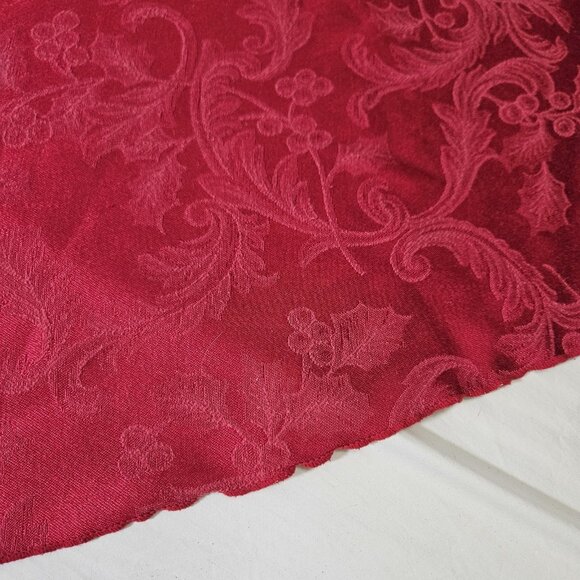 Red Holiday Christmas Round Tablecloth 68in Jacquard Damask Holly Berry Pattern - Picture 4 of 8